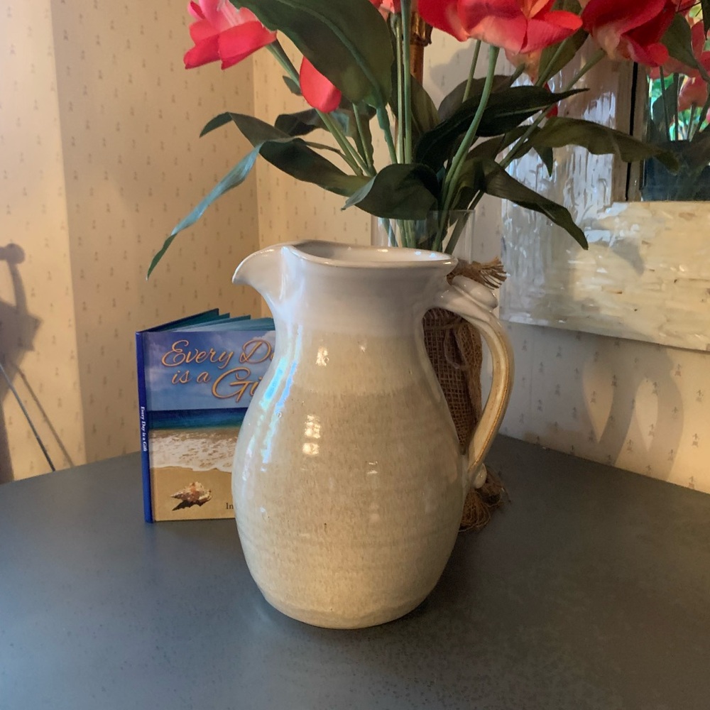 Pottery, HANDMADE by Vicki, large handle pitcher 10 inches tall. BEAUTIFUL!
